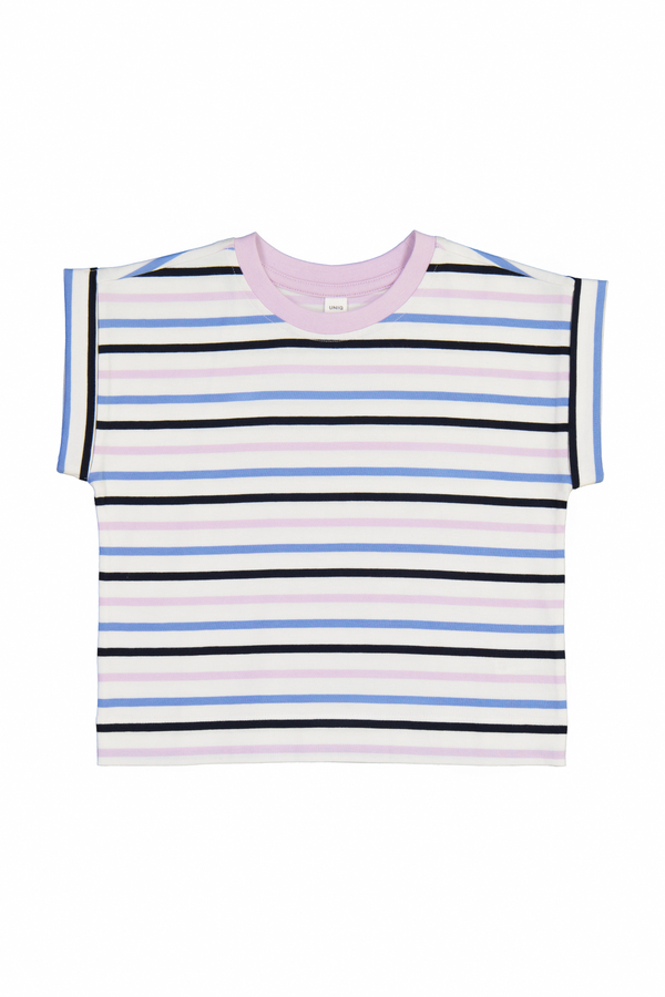 Girl's 100% Cotton Yarn Dye  Stripe  Short  Sleeve T-Shirt 